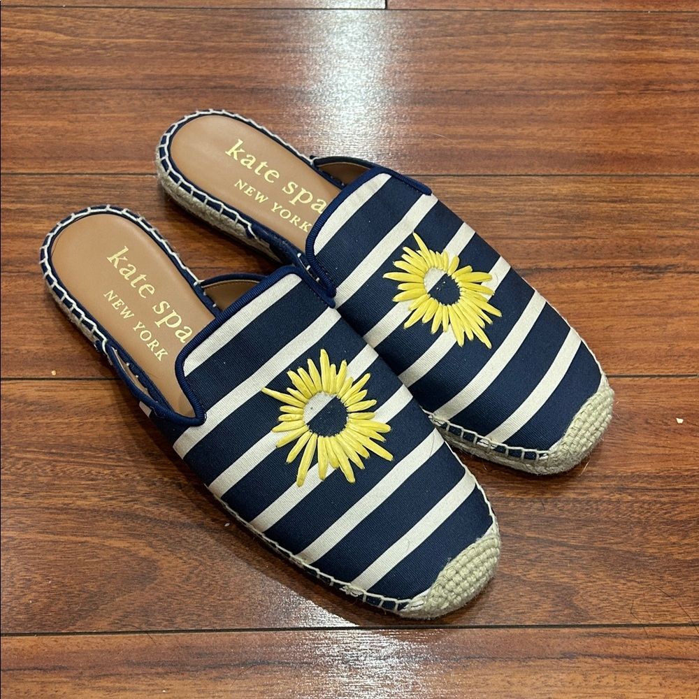 Kate Spade Navy and White Striped Espadrilles with Yellow Floral Design